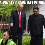 Trump & Kim Pointing at Liberal | KIM, WE ALSO HAVE LEFT WINGERS | image tagged in trump  kim pointing at liberal | made w/ Imgflip meme maker