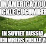In Soviet Russia Cucumber | IN AMERICA YOU PICKLE CUCUMBERS; IN SOVIET RUSSIA CUCUMBERS PICKLE YOU | image tagged in cucmber,pickle,in soviet russia,soviet russia,memes,funny memes | made w/ Imgflip meme maker