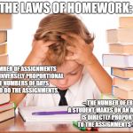 homework kid | THE LAWS OF HOMEWORK:; – THE NUMBER OF ASSIGNMENTS ONE HAS IS INVERSELY PROPORTIONAL TO THE NUMBERS OF DAYS ONE HAS TO DO THE ASSIGNMENTS. – THE NUMBER OF ERRORS A STUDENT MAKES ON AN ASSIGNMENT IS DIRECTLY PROPORTIONAL TO THE ASSIGNMENTS’ LENGTH. | image tagged in homework kid | made w/ Imgflip meme maker