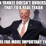 Chuck Schumer | DAMN YANKEE DOESN'T UNDERSTAND THAT TO A REAL TEXAN; CATTLE ARE FAR MORE IMPORTANT THAN A HAT | image tagged in chuck schumer | made w/ Imgflip meme maker