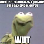 kermit the from ded | WHEN THE TEACHER ASKS A QUESTION BUT HE/SHE PICKS ON YOU; WUT | image tagged in kermit the from ded | made w/ Imgflip meme maker