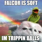 Psychedelic Kermit | FALCOR IS SOFT; IM TRIPPIN BALLS | image tagged in kermcor,flying dog,kermit the frog,trippin' | made w/ Imgflip meme maker