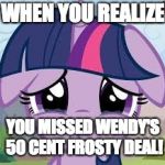 Sadness! | WHEN YOU REALIZE; YOU MISSED WENDY'S 50 CENT FROSTY DEAL! | image tagged in sad twilight,memes,wendy's,frosty,ponies,sadness | made w/ Imgflip meme maker
