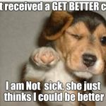 Feel better | Just received a GET BETTER card; I am Not  sick, she just thinks I could be better | image tagged in feel better | made w/ Imgflip meme maker