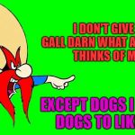 nevermind what anybody thinks | I DON'T GIVE A GALL DARN WHAT ANYBODY THINKS OF ME! EXCEPT DOGS I WANT DOGS TO LIKE ME | image tagged in yosemite sam,dogs | made w/ Imgflip meme maker