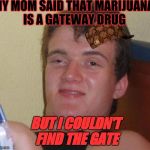 stoned buzzed high dude bro | MY MOM SAID THAT MARIJUANA IS A GATEWAY DRUG; BUT I COULDN'T FIND THE GATE | image tagged in stoned buzzed high dude bro,scumbag | made w/ Imgflip meme maker