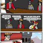 Seeing we went to the future with aliens, how about we step back in time a bit? | WE NEED AN IDEA FOR AN IMGFLIP WEEK AFTER ALIENS WEEK ENDS; WHY DO WE EVEN NEED ANOTHER THEMED WEEK; MEDIEVAL WEEK; KINGDOM WEEK | image tagged in medieval boardroom suggestion,medieval week | made w/ Imgflip meme maker