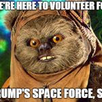 Ewok Volunteers | WE'RE HERE TO VOLUNTEER FOR; TRUMP'S SPACE FORCE, SIR | image tagged in ewok star wars,space force,space | made w/ Imgflip meme maker