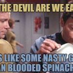 Star Trek Diners Log 6.19.18.20 | WHAT THE DEVIL ARE WE EATING? LOOKS LIKE SOME NASTY GREEN VULCAN BLOODED SPINACH SHIT. | image tagged in kirky mccoy soup de spock star trek,the soup de sierre,wars of the memers to meme foods,shamrocked | made w/ Imgflip meme maker