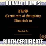 stupidity certificate | DONALD TRUMPS; BIRTH CERTIFICATE | image tagged in stupidity certificate | made w/ Imgflip meme maker
