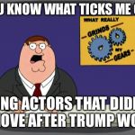 They should be enjoying our reality from afar | YOU KNOW WHAT TICKS ME OFF; LYING ACTORS THAT DIDN’T MOVE AFTER TRUMP WON | image tagged in gears to the grind time,goan now,canada wants you not,memes galore,meme too | made w/ Imgflip meme maker