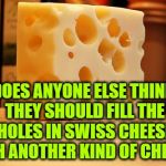 Swiss Cheese | DOES ANYONE ELSE THINK THEY SHOULD FILL THE HOLES IN SWISS CHEESE WITH ANOTHER KIND OF CHEESE? | image tagged in swiss cheese,memes,funny,funny memes,cheese,idea | made w/ Imgflip meme maker