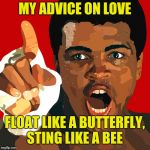 Muhammad Ali | MY ADVICE ON LOVE; FLOAT LIKE A BUTTERFLY, STING LIKE A BEE | image tagged in muhammad ali | made w/ Imgflip meme maker
