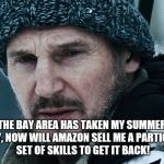 liam neeson into the grey | THE BAY AREA HAS TAKEN MY SUMMER AWAY, NOW WILL AMAZON SELL ME A PARTICULAR SET OF SKILLS TO GET IT BACK! | image tagged in liam neeson into the grey | made w/ Imgflip meme maker