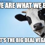 WTF Cow | CAPTION BY JAMIE FREDRICKSON 2018; IF WE ARE WHAT WE EAT? WHAT'S THE BIG DEAL VEGANS? | image tagged in wtf cow | made w/ Imgflip meme maker