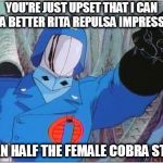 Cobra Commander | YOU'RE JUST UPSET THAT I CAN DO A BETTER RITA REPULSA IMPRESSION; THAN HALF THE FEMALE COBRA STAFF | image tagged in cobra commander | made w/ Imgflip meme maker