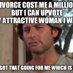 So i got that going for me which is nice | DIVORCE COST ME A MILLION BUT I CAN UPVOTE ANY ATTRACTIVE WOMAN I WANT; SO I GOT THAT GOING FOR ME WHICH IS NICE | image tagged in so i got that going for me which is nice | made w/ Imgflip meme maker