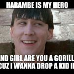 Cameron Frye you're my hero (Bueller) | HARAMBE IS MY HERO; AND GIRL ARE YOU A GORILLA PIT  CUZ I WANNA DROP A KID IN YOU | image tagged in cameron frye you're my hero bueller | made w/ Imgflip meme maker