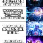 Expanding Brain Six Stages | RETARDS THAT PUT MICRO TRANSACTIONS IN THEIR GAME (EA); FOOLS THAT MAKE A HORRIBLE SEQUEL TO A GOOD GAME (BUNGIE); THY IDIOTS THAT MAKE A PREMIUM PASS THAT COSTS ALMOST AS MUCH AS THE GAME (DICE); THOSE WHO MAKE DECENT DECISIONS (UBISOFT); NORMIES THAT HAD A OK GAME AND DECENT PLAYER BASE (PUBG CORP); 12TH LEVEL INTELLECTS THAT CAPITALIZE ON THEIR MISTAKES (EPIC GAMES) | image tagged in expanding brain six stages | made w/ Imgflip meme maker