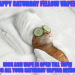 Cat Spa | HAPPY SATURDAY FELLOW VAPERS; KICK ASH VAPE IS OPEN TILL 10PM FOR ALL YOUR SATURDAY VAPING NEEDS!!! | image tagged in cat spa | made w/ Imgflip meme maker