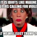 Maxine Russia | IT IS IDIOTS LIKE MAXINE WALTERS CALLING FOR VIOLENCE; THAT WE WILL ELECT TRUMP 2020 | image tagged in maxine russia | made w/ Imgflip meme maker