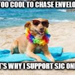 I'm on Vacation | I'M TOO COOL TO CHASE ENVELOPES. THAT'S WHY I SUPPORT SJC ONLINE. | image tagged in i'm on vacation | made w/ Imgflip meme maker