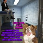 Imgflip mods should go to jail. | HAHA! YOU'RE IN JAIL FOREVER! I SHOULD BECOME THE NEW IMGFLIP MOD SO THAT I CAN MAKE EVERYONE HAPPY ABOUT THEIR POSTS BEING APPROVED. | image tagged in jail cell,chili the border collie,dogs,border collie,imgflip mods,imgflip trolls | made w/ Imgflip meme maker
