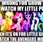 My Little Pony Mane 6 | IS IT WRONG FOR GROW MEN TO WATCH MY LITTLE PONY; WHEN IT'S OK FOR LITTLE GIRLS TO WATCH THE AVENGERS MOVIES? | image tagged in my little pony mane 6 | made w/ Imgflip meme maker
