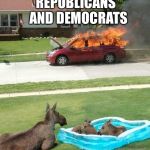 Moose watching car fire | REPUBLICANS 
AND
DEMOCRATS; LIBERTARIANS | image tagged in moose watching car fire | made w/ Imgflip meme maker