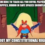 Republican propaganda Yosemite Sam | IM HERE TO TEACH ALL YOU CRYIN, PLAYDO & PUPPIES, HIDDIN IN SAFE SPACES SNOWFLAKES; ABOUT MY CONSTITUTIONAL RIGHTS | image tagged in republican propaganda yosemite sam | made w/ Imgflip meme maker