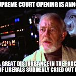 I felt a great disturbance in the Force | (AS THE SUPREME COURT OPENING IS ANNOUNCED...); I FELT A GREAT DISTURBANCE IN THE FORCE, AS IF MILLIONS OF LIBERALS SUDDENLY CRIED OUT IN TERROR... | image tagged in i felt a great disturbance in the force,politics,obi wan kenobi,star wars | made w/ Imgflip meme maker