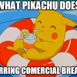 Chilling Pikachu | WHAT PIKACHU DOES; DURRING COMERCIAL BREAKS | image tagged in chilling pikachu | made w/ Imgflip meme maker