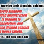 A house divided | Every kingdom divided against itself is brought to desolation; and a house divided against a house falleth. But he, knowing their thoughts, said unto them, Luke 11:17, The Holy Bible, KJV; ~~~~~agygo | image tagged in memes,luke 1117 | made w/ Imgflip meme maker