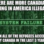 Glitch in the matrix | THERE ARE MORE CANADIANS LIVING IN AMERICA ILLEGALLY; THAN ALL OF THE REFUGEES ACCEPTED BY CANADA IN THE LAST 3 YEARS | image tagged in glitch in the matrix | made w/ Imgflip meme maker