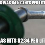 petrol | WHEN GAS WAS 84.5 CENTS PER LITRE, OOPSY; WHEN GAS HITS $2.34 PER LITRE, WTF | image tagged in petrol | made w/ Imgflip meme maker