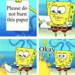 spongebob paper | Please do not burn this paper; Okay | image tagged in spongebob paper | made w/ Imgflip meme maker