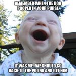 Happy Baby | REMEMBER WHEN THE DOG POOPED IN YOUR PURSE; IT WAS ME , WE SHOULD GO BACK TO THE POUND AND GET HIM | image tagged in happy baby | made w/ Imgflip meme maker