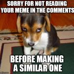 sorry | SORRY FOR NOT READING YOUR MEME IN THE COMMENTS; BEFORE MAKING A SIMILAR ONE | image tagged in sorry | made w/ Imgflip meme maker