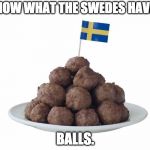 swedish meatballs | KNOW WHAT THE SWEDES HAVE? BALLS. | image tagged in swedish meatballs | made w/ Imgflip meme maker