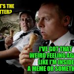 Hot fuzz | WHAT'S THE MATTER? I'VE GOT THAT WEIRD FEELING AGAIN, LIKE I'M INSIDE A MEME OR SOMETHING. | image tagged in hot fuzz | made w/ Imgflip meme maker