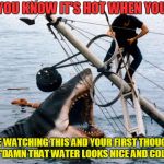 Jaws | YOU KNOW IT'S HOT WHEN YOU; ARE WATCHING THIS AND YOUR FIRST THOUGHT IS "DAMN THAT WATER LOOKS NICE AND COLD!" | image tagged in jaws,hot day,heat | made w/ Imgflip meme maker