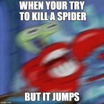 Mr. Krabs Mad  | WHEN YOUR TRY TO KILL A SPIDER; BUT IT JUMPS | image tagged in mr krabs mad | made w/ Imgflip meme maker