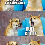 Dad Joke Doge | WHAT KIND OF DOG BARKS MORE? RUFF COLLIE | image tagged in dad joke doge,bork,rough collie | made w/ Imgflip meme maker
