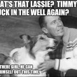 What's that Lassie dead horse trope | WHAT'S THAT LASSIE?  TIMMY'S STUCK IN THE WELL AGAIN? HOLD THERE GIRL, HE CAN PULL HIMSELF OUT THIS TIME. | image tagged in what's that lassie | made w/ Imgflip meme maker