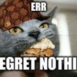 Cat-eating | ERR; I REGRET NOTHING | image tagged in cat-eating,scumbag | made w/ Imgflip meme maker
