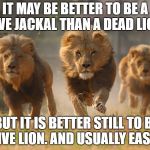 Lions Lookin For A Dentist | IT MAY BE BETTER TO BE A LIVE JACKAL THAN A DEAD LION, BUT IT IS BETTER STILL TO BE A LIVE LION. AND USUALLY EASIER. | image tagged in lions lookin for a dentist | made w/ Imgflip meme maker