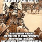 Snake oil | STEP RIGHT UP AND TASTE THE WONDERS OF "GULLY BULL" OIL; THIS HERE ELIXER WILL GIVE YOU STRENGTH TO RESIST PRESIDENTS AND CONSTITUTIONAL LAW. NOT TO MENTION A RIGHTEOUS INDIGNATION AND CONDESCENDING ATTITUDE. | image tagged in snake oil | made w/ Imgflip meme maker