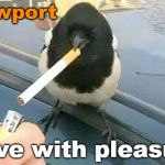 piebald crow smoking a cigarette | Newport; Alive with pleasure | image tagged in piebald crow smoking a cigarette,funny,cigarette ad | made w/ Imgflip meme maker