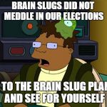 Futurama Brain Slug | BRAIN SLUGS DID NOT MEDDLE IN OUR ELECTIONS; GO TO THE BRAIN SLUG PLANET AND SEE FOR YOURSELF | image tagged in futurama brain slug | made w/ Imgflip meme maker