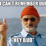 steve zissou pointing | WHEN YOU CAN’T REMEMBER DUDE’S NAME; “HEY BUD” | image tagged in steve zissou pointing | made w/ Imgflip meme maker